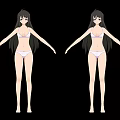 Long Haired Anime Female Characters in White Underwear Standing on Black Background with Arms Outstretched