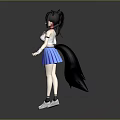 Anime Game Movie Character With Fox Ears White Top Blue Pleated Skirt Purple Hair Standing Pose