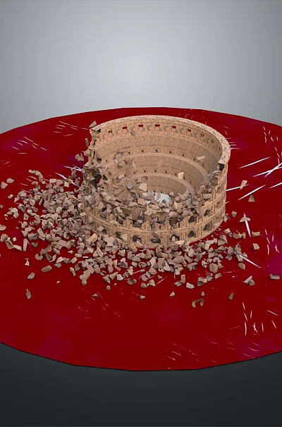 Scenic View Of Colosseum Like Structure On Red Circular Surface With Scattered Debris 3d model