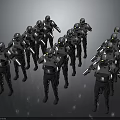 Group of Robotic Warriors In Silver Black Armor Standing In Formation