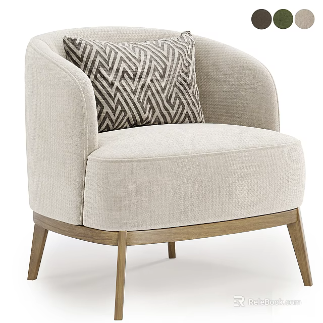 Elegant Modern Beige Upholstered Armchair With Patterned Cushion And Wooden Legs 3d model 