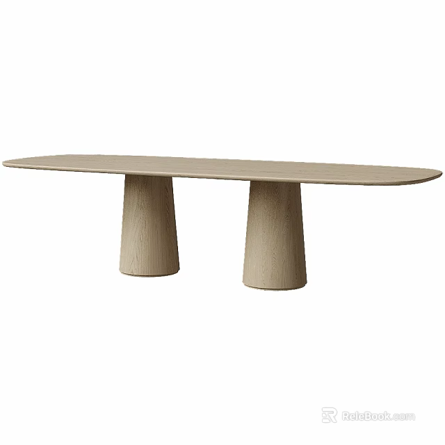 Minimalist Rectangular Dining Table With Two Cylindrical Wooden Legs In Modern Style 3d model
