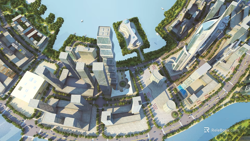 Aerial View Urban Planning With High Rise Buildings Water Areas And Green Spaces 3d model 