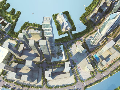 Aerial View Urban Planning With High Rise Buildings Water Areas And Green Spaces 3d model