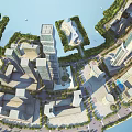Aerial View Urban Planning With High Rise Buildings Water Areas And Green Spaces