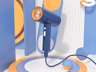 Blue Hair Dryer With Orange And Blue Geometric Shapes Striped Background Circular Patterns 3d model