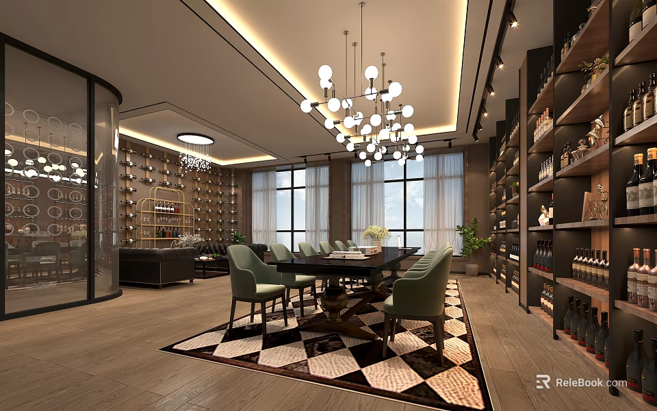 Modern Liquor Store Interior With Wine Racks Display Shelves Dining Area Chandeliers And Wooden Floor 3d model 