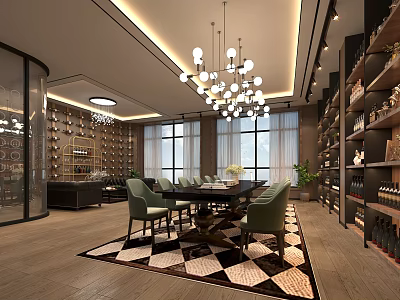Modern Liquor Store Interior With Wine Racks Display Shelves Dining Area Chandeliers And Wooden Floor 3d model