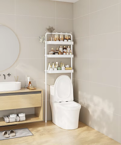 White Multi Tiered Bathroom Rack For Toiletries Storage In Modern Bathroom Space 3d model