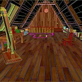 Cartoon Attic Interior With Sloped Roof Wooden Floor Small Table And Toys