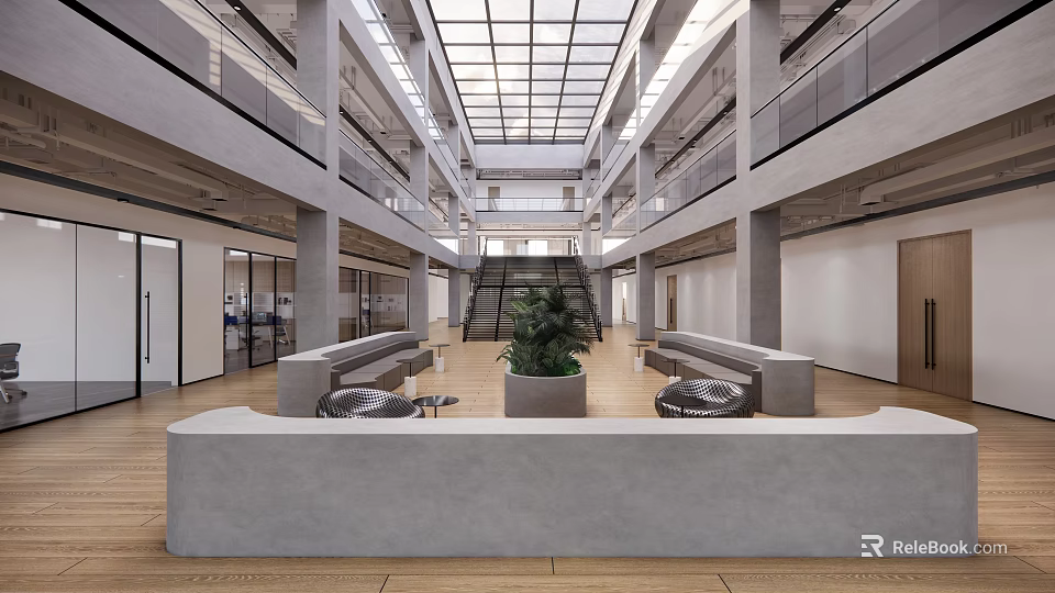 Modern Interior Atrium With Glass Roof Multi Level Staircase Plants Benches And Wooden Flooring 3d model 