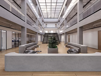 Modern Interior Atrium With Glass Roof Multi Level Staircase Plants Benches And Wooden Flooring 3d model