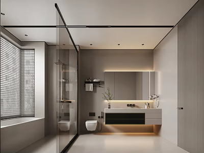 Modern Bathroom Interior With Glass Shower Vanity And Wall Mirror Design 3d model
