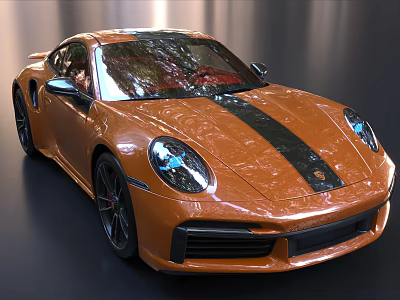 Orange Porsche Sports Car With Black Stripes And Glossy Exterior Finish Design 3d model