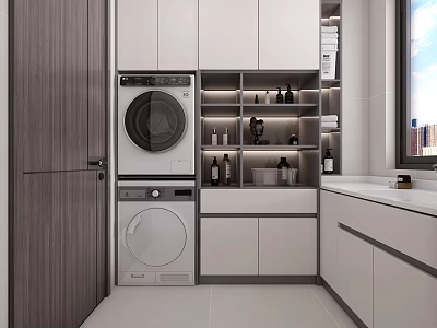 Modern Laundry Room With Stacked Washer Dryer White Cabinets And Open Shelves 3d model
