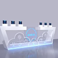 Modern Tech Reception Desk With Blue Server Racks Cloud Icons And Wireless Connectivity 3d model