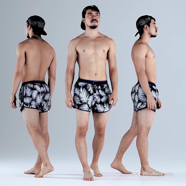 Muscular Man Wearing Palm Leaf Print Swim Trunks Showcasing Multi Angle View 3d model