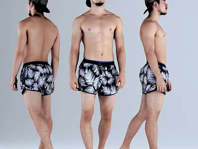 Muscular Man Wearing Palm Leaf Print Swim Trunks Showcasing Multi Angle View 3d model