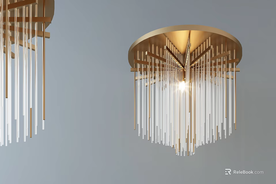 Elegant Modern Gold Frame Ceiling Light With White Crystal Hanging Strips 3d model 