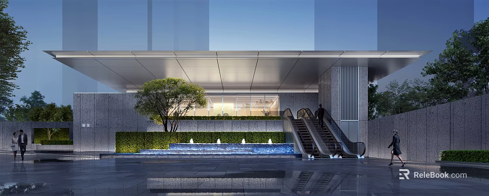 Modern Building Facade With Metal Canopy Glass Curtain Wall Green Wall Water Fountain And Escalator 3d model 