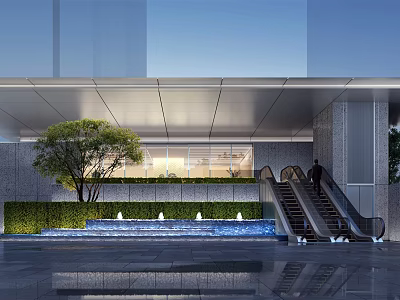 Modern Building Facade With Metal Canopy Glass Curtain Wall Green Wall Water Fountain And Escalator 3d model