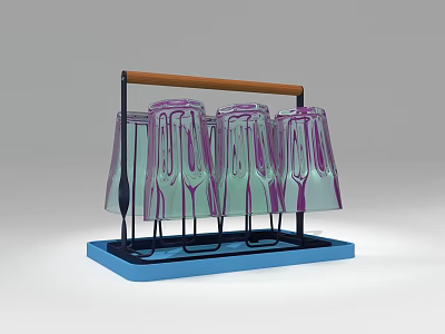 Modern Glass Rack With Wooden Handle Blue Base And Colorful Glasses 3d model