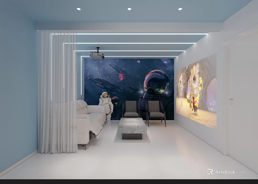 Modern Living Room Interior With Light Blue Walls White Sofa And Space Theme Mural 3d model 
