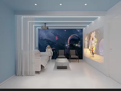 Modern Living Room Interior With Light Blue Walls White Sofa And Space Theme Mural 3d model