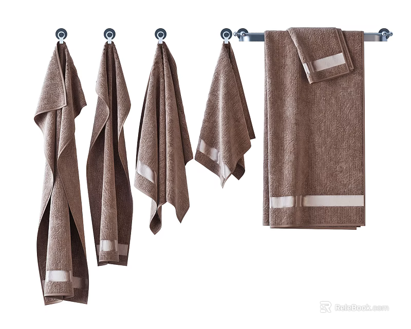 Soft Brown Towels with White Stripes Hanging Neatly on Rod in Bathroom 3d model 