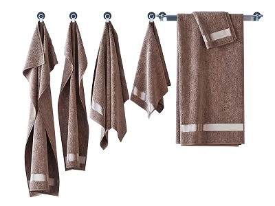 Soft Brown Towels with White Stripes Hanging Neatly on Rod in Bathroom 3d model