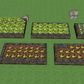 Park Landscape with Neatly Arranged Vegetable Garden Beds Various Vegetables Trees Stones and Wooden Barrel