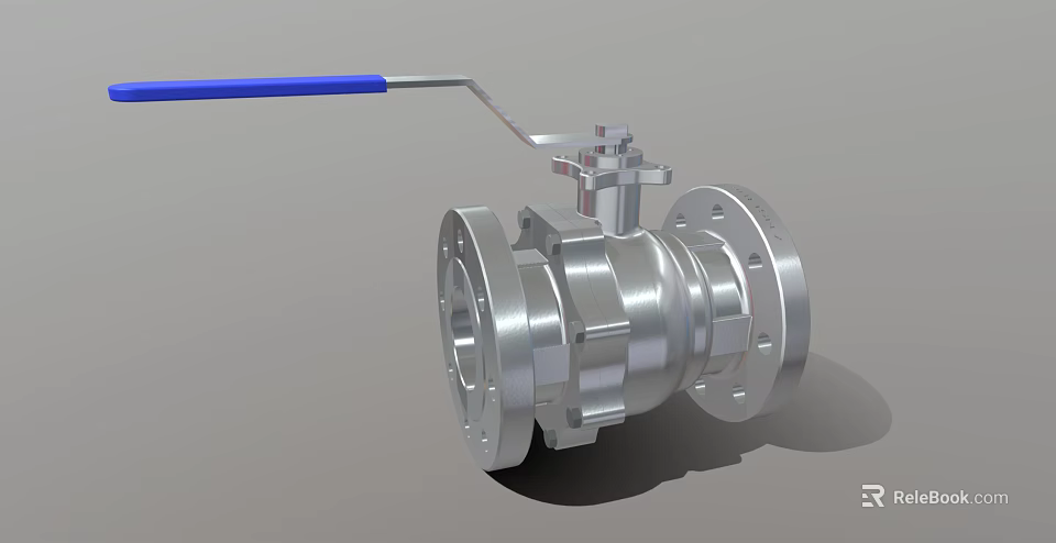 Stainless Steel Industrial Ball Valve With Blue Handle And Flanged Ends 3d model 