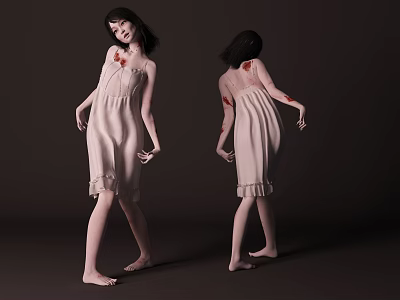 Woman in White Dress with Red Stains Standing Against Dark Background 3d model