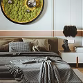 Modern Bedroom Interior With Bed Gray Blanket Round Green Decorative Painting And Wooden Floor