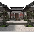Ancient Architecture Courtyard Featuring Traditional Roof Surrounding Trees Greenery And Leisure Tables Chairs Layout