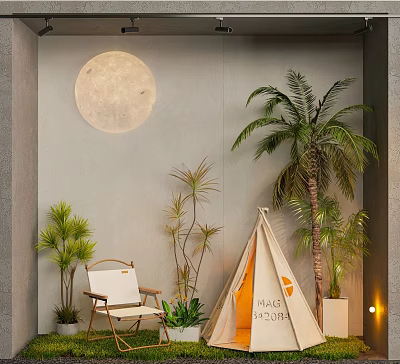 Shop Window With Moon Decoration Palm Tree White Chair Mag Maison Tent And Gray Wall 3d model