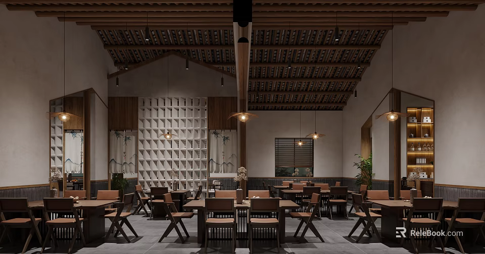 Traditional Restaurant Interior With Wooden Lattice Ceiling And Cozy Dining Area Tables Chairs Hanging Lights 3d model 