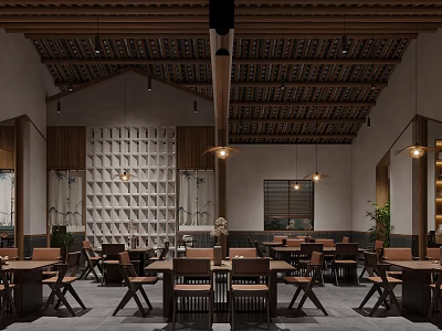 Traditional Restaurant Interior With Wooden Lattice Ceiling And Cozy Dining Area Tables Chairs Hanging Lights 3d model