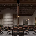 Traditional Restaurant Interior With Wooden Lattice Ceiling And Cozy Dining Area Tables Chairs Hanging Lights
