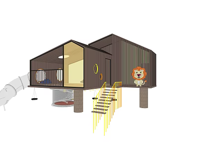 Unique Elevated Kids Play Building With Brown Exterior Large Windows Yellow Stairs Slide Lion Figure 3d model