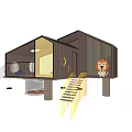Unique Elevated Kids Play Building With Brown Exterior Large Windows Yellow Stairs Slide Lion Figure