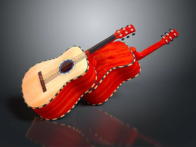 Art Supplies Decorated Musical Instruments Including Decorative Wooden and Red Acoustic Guitars 3d model