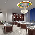 Modern Jewelry Store Interior With Glass Display Cases Wooden Shelves And Colorful Circular Chandelier