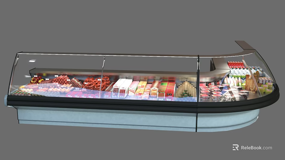 Supermarket Refrigerated Display Shelves With Glass Door And Various Food Products 3d model 