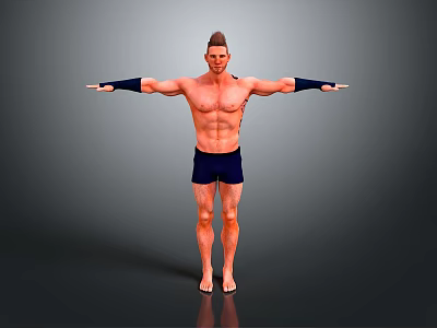 Muscular Shirtless Man In Dark Shorts With Arm Sleeves And Outstretched Arms On Gray Background 3d model