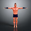 Muscular Shirtless Man In Dark Shorts With Arm Sleeves And Outstretched Arms On Gray Background