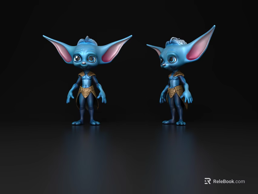 Blue Game and Movie Character with Large Ears in Detailed Outfit Front Back View 3d model 