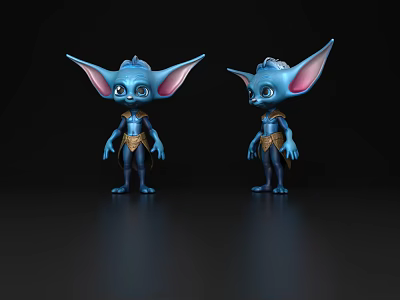 Blue Game and Movie Character with Large Ears in Detailed Outfit Front Back View 3d model