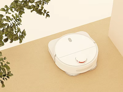 Intelligent Robot Vacuum Cleaner Cleaning Beige Floor With Green Plant Branches Around 3d model