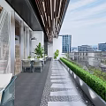 Modern Restaurant Interior With Red Seats Marble Flooring And Green Plants